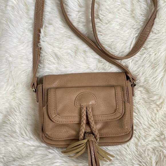 Big Buddha Handbags - Big Buddha Crossbody Purse Mini Saddle Bag Faux Leather Tassel Beige Cute Boho